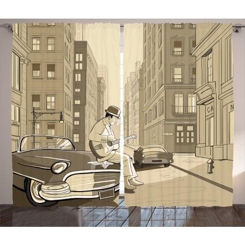 New York Guitarist Curtains Urban Street Music Retro Satin Fabric Drapes for Living Room Bedroom 2 Panel Window Set