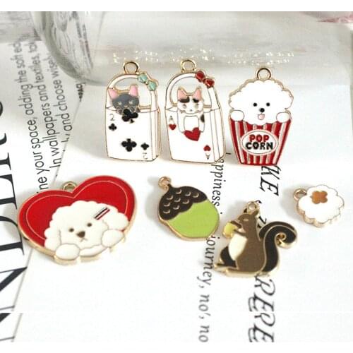 SO CUTE! Cartoon Dog Poker Cat Squirrel Nut Enamel Charms Handmade Craft Metal Charms Earring DIY Jewelry Making