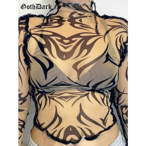 Goth Dark Punk Gothic Mesh Women T-Shirts Grunge Hip Hop Print Long Sleeve Turtleneck Crop Tops Sexy See Through Streetwear 2021