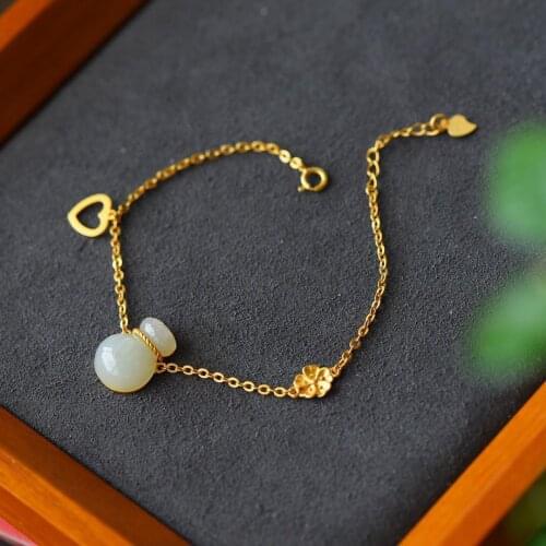 S925 Sterling Silver Flowers Lucky Bag Bracelet Female Natural Hetian Jade White Jade Purse Vintage Bracelet Gift for Mother