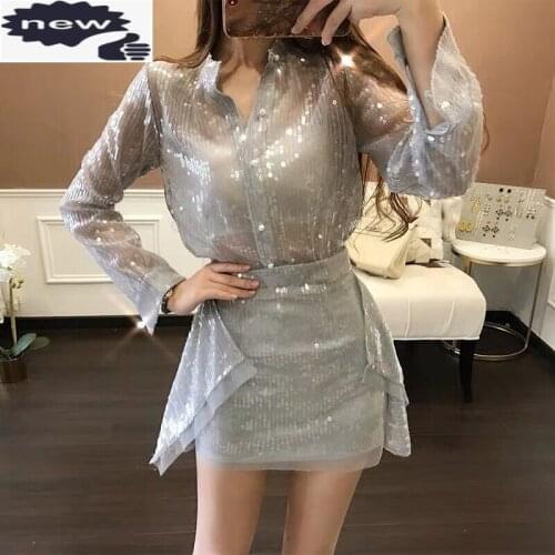 Fashion Nightclub Female Two Piece Set Casual Long Sleeve Pearls Sequin Blouses Slim Fit Short Skirt Office Elegant Outfit Sets