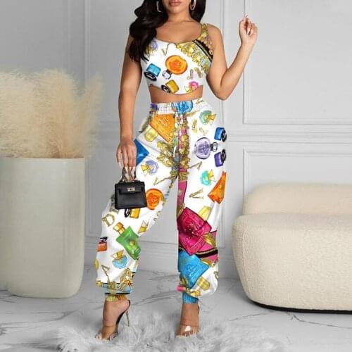 2021Casual Sleeveless Crop Tops + High Waist Sweatpants Suits Summer Fashion Printed Sports Women Two Piece Sets