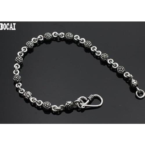 BOCAI New real S925 sterling silver rose flower bracelet for women vintage fashion woman silver bracelet 925 chain