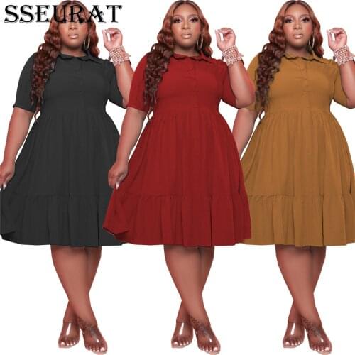 SSEURAT Plus Size Button Up Short Sleeve Cascading Ruffles Womens Dress Classic Streetwear Turn-down Neck Summer Dresses