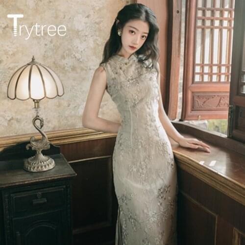 Trytree 2020 Summer Woman Dress Casual Stand Collar Embroidery Lace Fashion Vintage Elegant High Waist Slim fit Split hem Dress