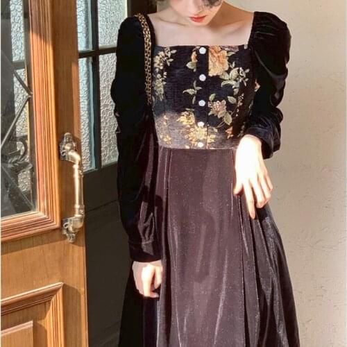 Vintage Elegant Evening Party Midi Dresses Women Long Sleeve Flower Korean Fashion Dress France Retro Dress Autumn Winter 2021