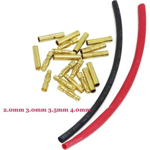 10 Pairs 2.0mm 3.0mm 3.5mm 4.0mm Gold Plated Bullet Banana Plugs Connectors with 20CM Heat shrinkable tube