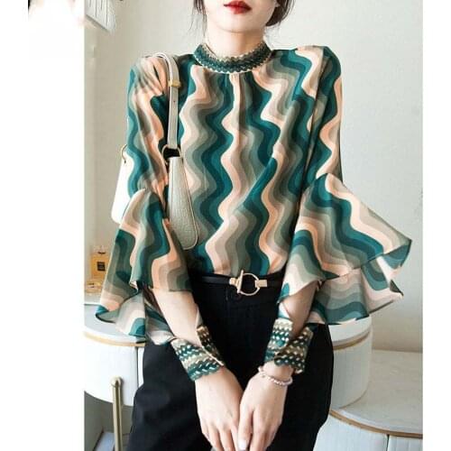 Spring Autumn Women Color Matching Print Shirts Temperament Ruffle Flared Sleeves Blouses Ladies Elegant Tops Blusas MM1167