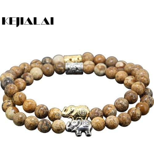 KEJIALAI 1pcs Beaded Gold/Silver Color Elephant Charm Women Bracelet Natural 6mm Picture Round Stone Beads Bracelet Girl A0707