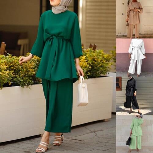 Women Muslim Summer 2Pcs Outfits Set Long Sleeve Belted Tunic Tops Wide Leg Loose Pants Solid Color Dubai Kaftan Hijab
