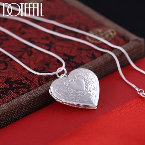 DOTEFFIL 925 Sterling Silver Classic Pattern Snake Chain Heart-Shaped Photo Frame Necklace For Women Fashion Wedding Jewelry