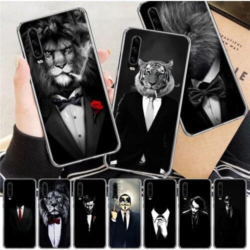 Lion Man Suit Shirt Tie Black Animal Soft Cover Phone Case For Huawei P30 P20 P10 P40 Mate 30 20 10 Pro Lite P Smart Z Plus + Cu