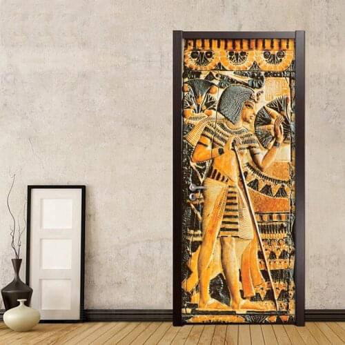Door Sticker Waterproof Self-adhesive Mural Wallpaper Egyptian Pharaoh Wall Painting Living Room Bedroom Door Stickers Decor 3D
