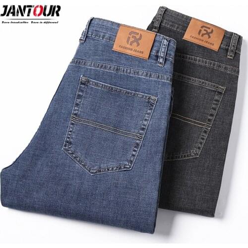 Jantour New Mens Jeans Classic Style Business Loose Straight Casual Stretch Fit Denim Trousers Grey Blue Pants Male 40 42 44