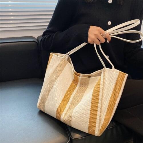 Canvas Simple Casual Shoulder Bags for Women Large Capacity Colorful Ladies Tote Simple Striped Shopper Pureses and Handbags New