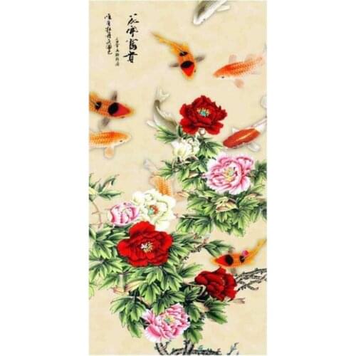 1pc China Quality Traditional Home Decoration Silk Scroll Painting Gongbi Peony Flowers Fish Portraits