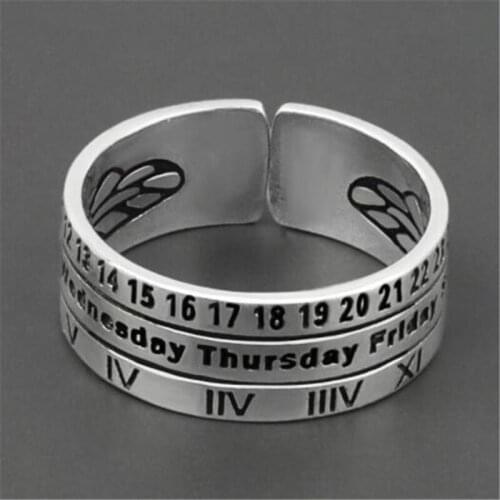 Vintage Style Roman Numeral Week Silver Color Ring Adjustable Opening Mens And Womens Rings Jewelry Accessories
