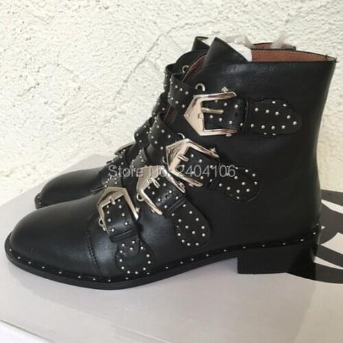 Leather Suede Runway Shoes Woman Buckled Straps Spiked Ankle Boots Silvertone Studs Short Botas Square Low Heel Motorcycle Boots