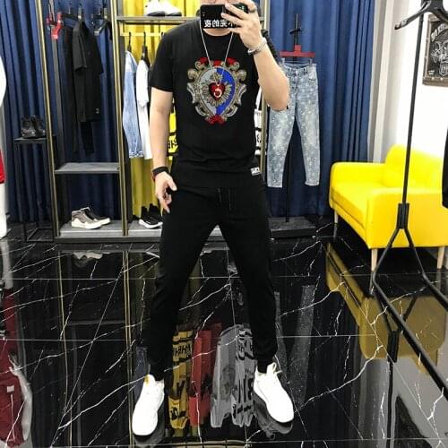 Fashion Rhinestone 2 Piece Set Mens Tracksuit Jogging Casual And Comfortable Suit T-Shirt + High Elastic Breathable Trousers