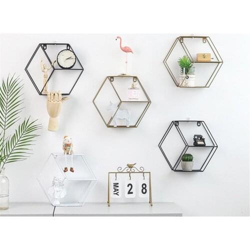 Wall Shelf Simple Wrought Iron Hexagonal Living Room Bedroom Wall Decoration Storage Finishing Rack