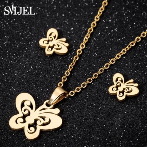 SMJEL Stainless Steel Butterfly Necklace Women Jewelry Sets Bijoux Animal Butterfly Necklaces Pendants Cute Earrings Kids Gifts
