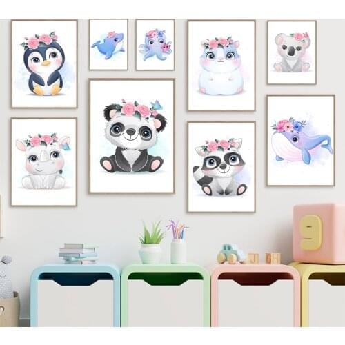 Penguin Whale Octopus Seal Koala Panda Raccoon Nordic Posters And Prints Wall Art Canvas Painting Wall Pictures Kids Room Decor