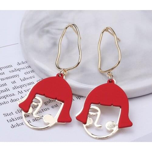 Korean Style Personality Funny Painted Girl Face Cute Exaggerated Hollow out Metal Earrings for Women Wedding Jewelry Wholesale