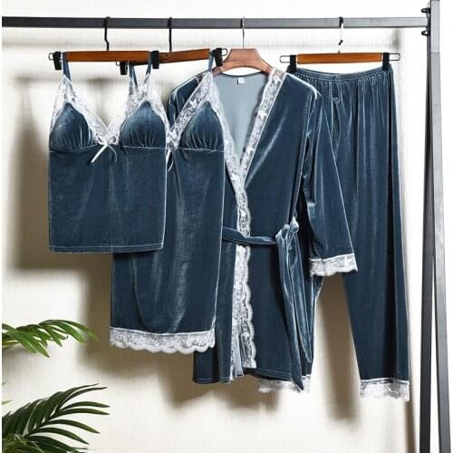Velour 4PCS Sweet Lace Flower Trim Pajamas Sets Sexy Backless Pyjamas Night Suit Women V-Neck Bathrobe Autumn Winter Nightgown