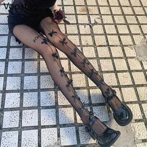 Japanese Girl Lolita Style Stockings Sexy Bow Black JK Tights Socks Cosplay Women Gothic Punk Lace Mesh Stockings Cute Tighthigh