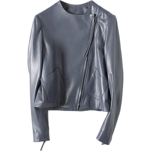 New Genuine Leather High Quality Jacket for Women Spring Short Sheepskin Coat Spring Bluish Grey Natural Leather & Suede Clothes