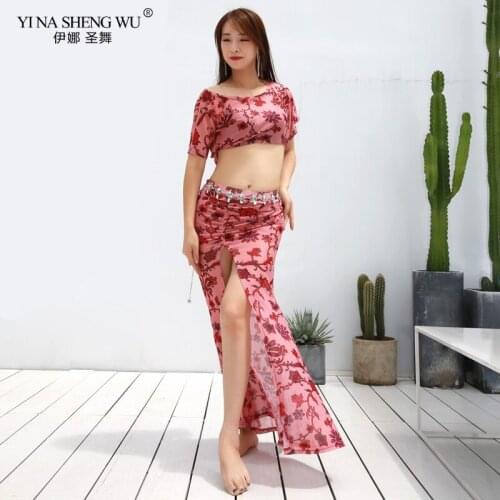New Women Dance Wear Belly Dance Clothing Floral Costume Set Belly Dance Practice Clothes 2pcs Set Top Skirt Adult Dance Costume
