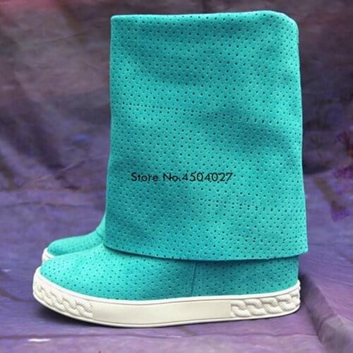 Blue Spring Women Boots Platform Boots For Female Ladies Height Increased 8 cm Heel Shoes Lady Mid Calf High Boots