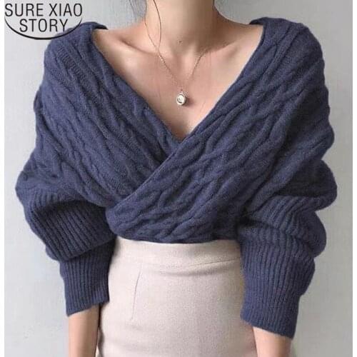 Sexy Cross V-neck Sweater 2021 Autumn New Women Sweaters Long Sleeve Casual Tops Woman Korean Slim Bottoming Knitwear 16534
