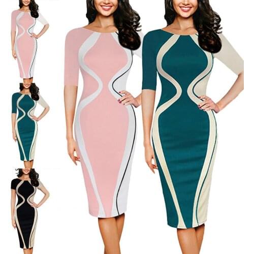 Contrast Color Women O Neck Half Sleeve Business Pencil Dress Casual Work Office Dress Sexy Bodycon Dress Evening Party Dress