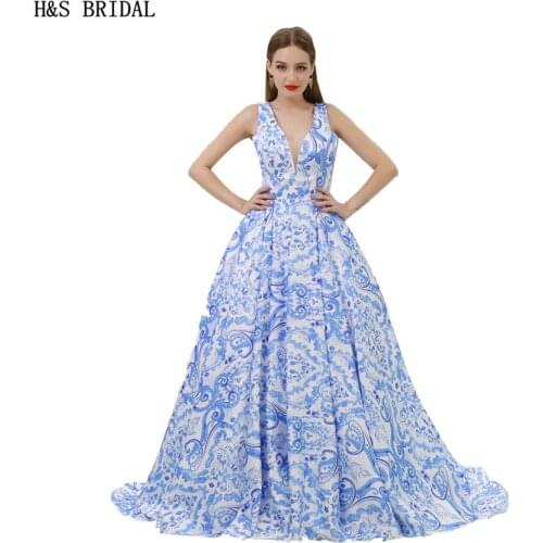 H&S BRIDAL Elegant casamento V Neck Floral Print Blue Prom Dresses long dresses for prom Sexy Backless Evening Prom Dress 2020