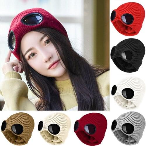 Winter Warm Knit Hat Unisex Windproof Ski Detachable Glasses Warm Outdoor Sports Cap