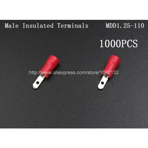 1000Pcs MDD1.25-110 Red Vinyl Insulated Male Quick disconnects For 22-16 AWG Wire range 0.5-1.5 sq mm