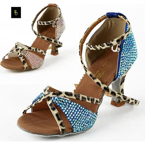 Ballroom Latin Dancing Shoes For Childrens Full Diamond Models Dance Shoes Women Leopard Pattern Thin Rhinestone Heels A-1302