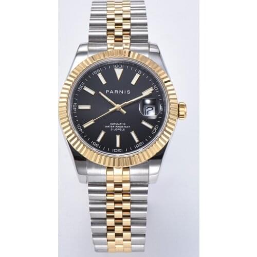 39mm parnis Black dial sapphire glass date automatic movement mens watch Two tone Jubilee bracelet date display Luxruy