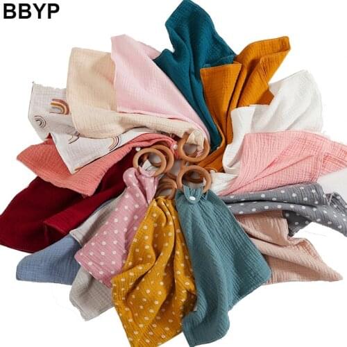 Baby Bibs Saliva Towel with Wooden Teether Newborn Solid Color Snap Button Soft Absorbent Towel Burp Cloths Gym Play Toys