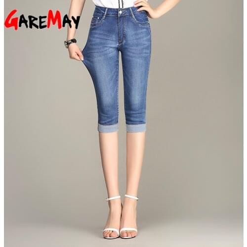 Garemay Stretch Womens Summer Breeches Femme Jeans for Women Plus Size Skinny High Waist Big Mom Jeans Denim Shorts Capris
