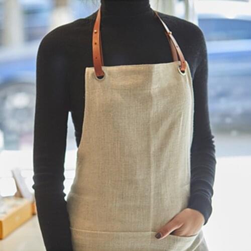 Cotton Linen Apron Cowhide Neck Strap Waitstaff Cafe Barista Bartender Pastry Chef Uniform Florist Artist Shop Work Wear B30