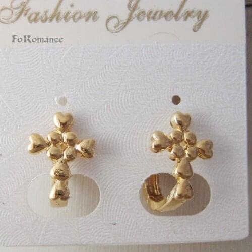 Foromance/ CUTE JESUS CROSS CHRISTIAN GOD - YELLOW - GOLD GP color HUGGIE HOOP SMALL EARRING