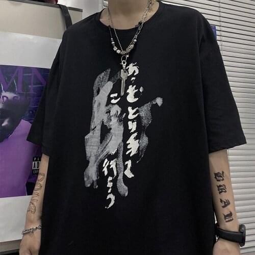 Japanese Letter Print Black Short Sleeve Punk Gothic Y2K Clothes Plus Size Women T-Shirts Vintage Cotton Streetwear Harajuku Top
