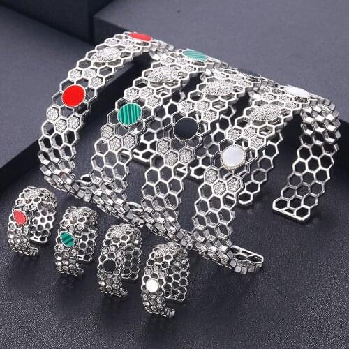 Jankelly luxury Unique African Bangle Ring Set Jewelry Sets For Women Wedding Cubic Zircon Crystal CZ Dubai Bridal Jewelry Set