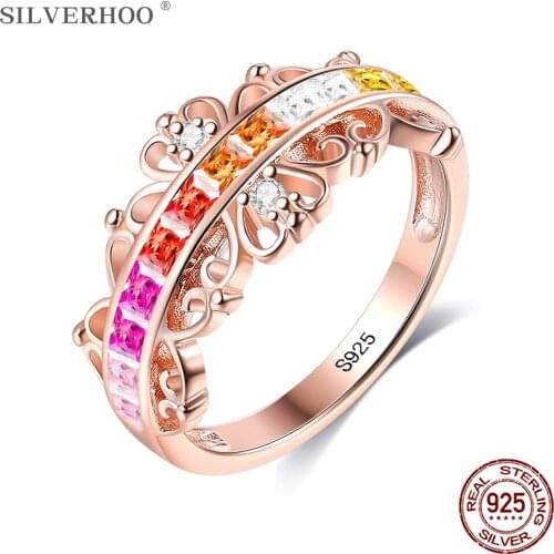 SILVERHOO S925 Sterling Silver Rainbow Rings For Women Cubic Zirconia Crown Pattern Simple Trendy Engagement Rings Fine Jewelry