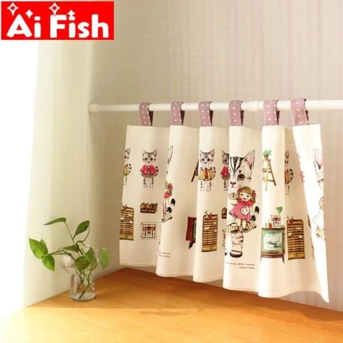 Hemp Cotton Cartoon Cute Red Cat Half Kitchen Curtain Partition Door Wardrobe Short Coffee Curtain For Bay Window Decor MY435#5