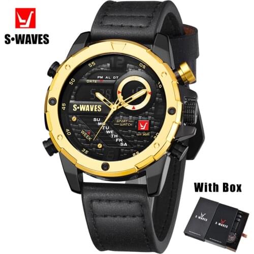 SWAVES Leather Band Watch Men Dual Display Waterproof Electronic Clock Wristwatch Mens With Box Unique Luxury LCD Reloj Hombre