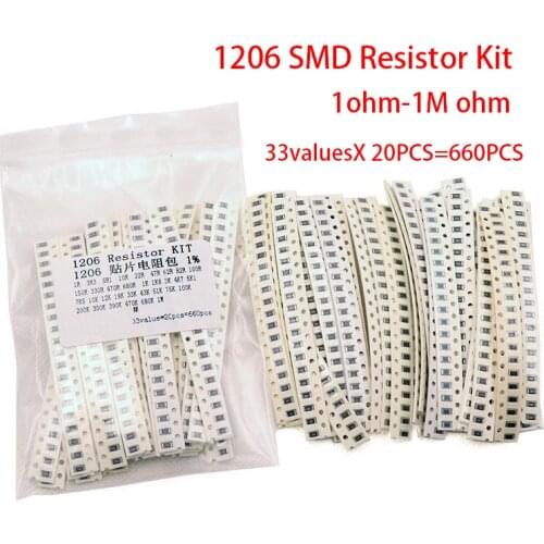 1206 SMD Resistor Kit Assorted Kit 1ohm-1M ohm 1% 33valuesX 20PCS=660PCS Sample Kit