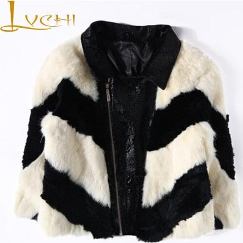 LVCHI 2019 Winter New Elegant Female Coat Real Rabbit Fur Stylish Oblique Stripe Short Natural Sheep Skin Turn-Down Collar Coat